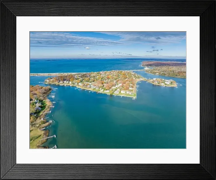 Framed Print : Aerial veiw of bay point and long beach, sag harbor, ny
