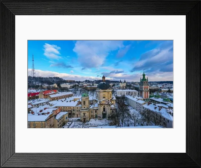 Framed Print : Panoramic aerial view on Lviv in winter from drone Framed Print : Panoramic aerial view on Lviv in winter from drone