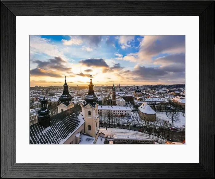 Framed Print : Panoramic aerial view on Lviv in winter from drone Framed Print : Panoramic aerial view on Lviv in winter from drone