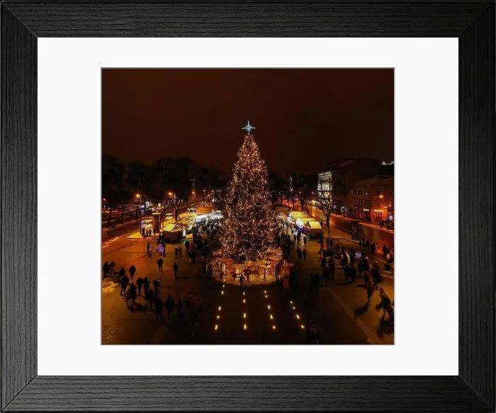 Framed Print : Christmas tree near National Opera in Lviv, Ukraine. View from drone Framed Print : Christmas tree near National Opera in Lviv, Ukraine. View from drone