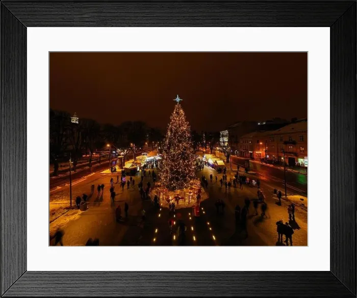 Framed Print : Christmas tree near National Opera in Lviv, Ukraine. View from drone Framed Print : Christmas tree near National Opera in Lviv, Ukraine. View from drone