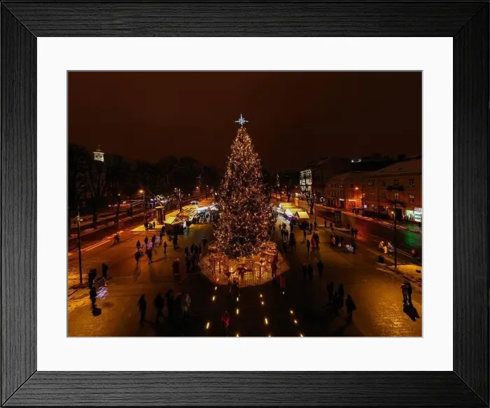 Framed Print : Christmas tree near National Opera in Lviv, Ukraine. View from drone Framed Print : Christmas tree near National Opera in Lviv, Ukraine. View from drone