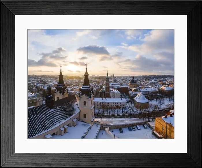 Framed Print : Panoramic aerial view on Lviv in winter from drone Framed Print : Panoramic aerial view on Lviv in winter from drone