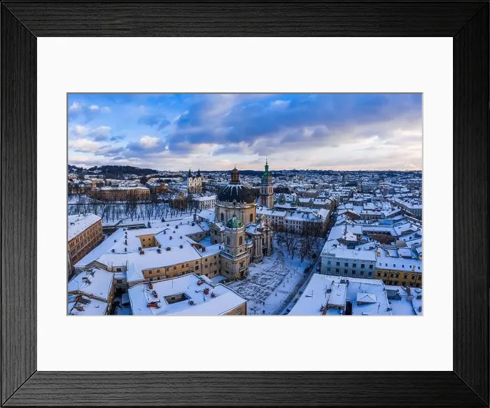 Framed Print : Panoramic aerial view on Lviv in winter from drone Framed Print : Panoramic aerial view on Lviv in winter from drone