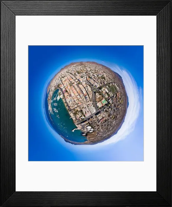 Framed Print : Tiny planet Aerial view of Laginha beach in Mindelo city in Sao Vicente Island in Cape Verde Framed Print : Tiny planet Aerial view of Laginha beach in Mindelo city in Sao Vicente Island in Cape Verde