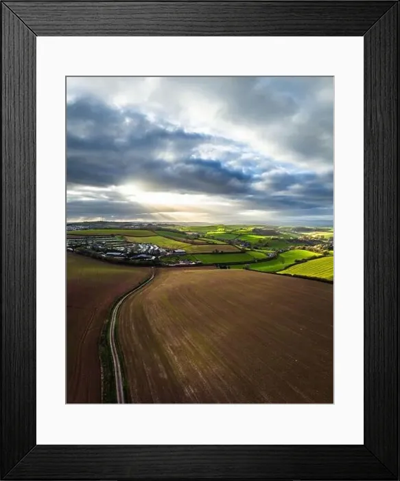 Framed Print : Lights and Shadows over Fields and Farms from a drone, Devon, England, Europe Framed Print : Lights and Shadows over Fields and Farms from a drone, Devon, England, Europe
