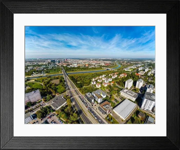 Framed Print : Aerial landscape of Warta river, Queen Jadwigi and Saint Roch's bridge and distant Poznan city center Framed Print : Aerial landscape of Warta river, Queen Jadwigi and Saint Roch's bridge and distant Poznan city center