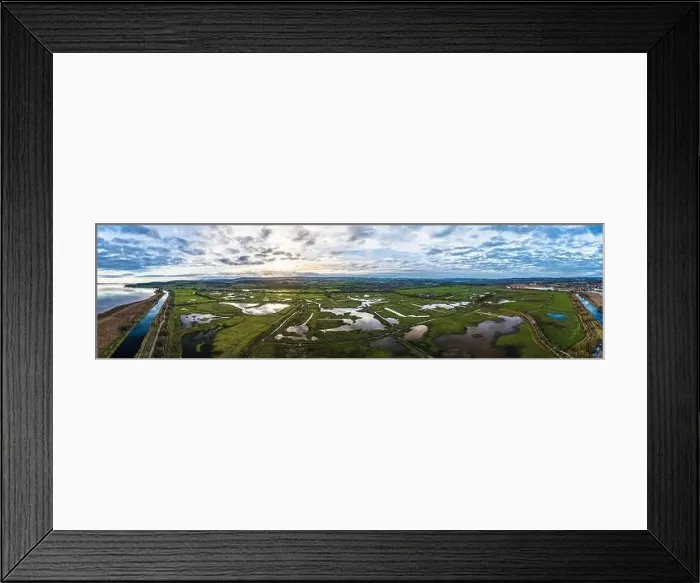 Framed Print : Panorama over Wetlands and Marshes in RSPB Exminster and Powderham Marshe from a drone, Exeter, Devon, England
