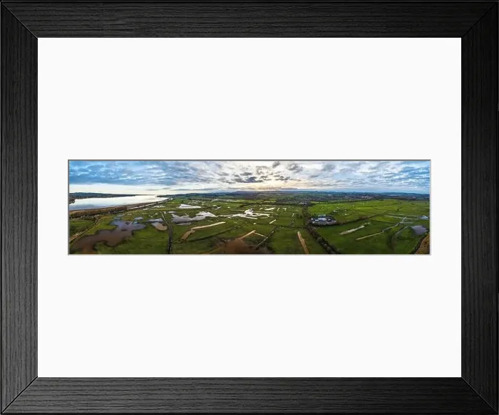 Framed Print : Panorama over Wetlands and Marshes in RSPB Exminster and Powderham Marshe from a drone, Exeter, Devon, England