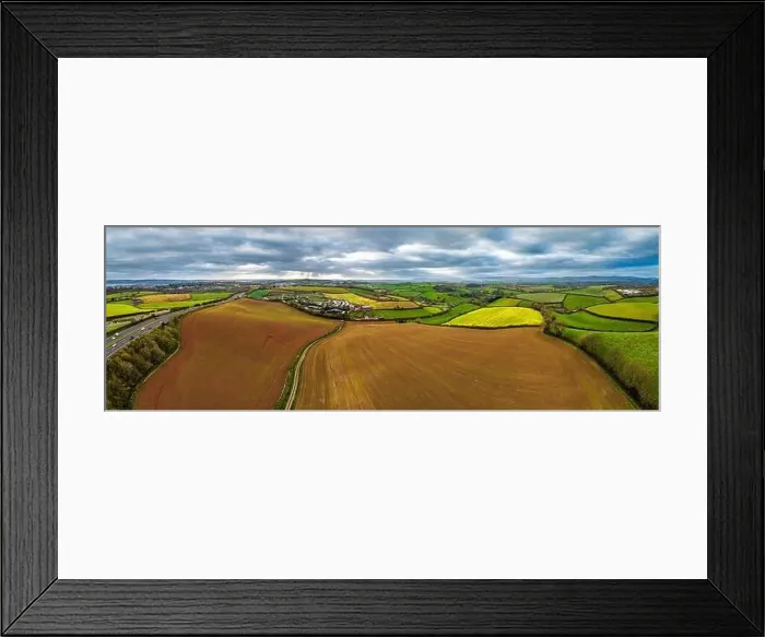 Framed Print : Panorama over Fields and Farms from a drone, Devon, England, Europe Framed Print : Panorama over Fields and Farms from a drone, Devon, England, Europe