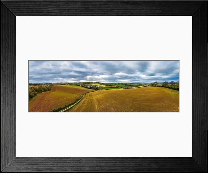 Framed Print : Panorama over Fields and Farms from a drone, Devon, England, Europe Framed Print : Panorama over Fields and Farms from a drone, Devon, England, Europe