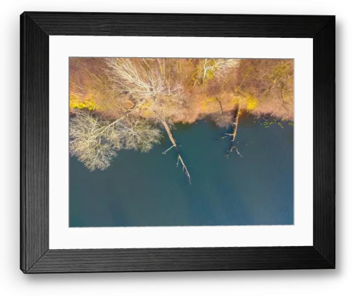 Framed Print : Aerial view of beautiful smooth green waters of a lake on a sunny autumn day Framed Print : Aerial view of beautiful smooth green waters of a lake on a sunny autumn day