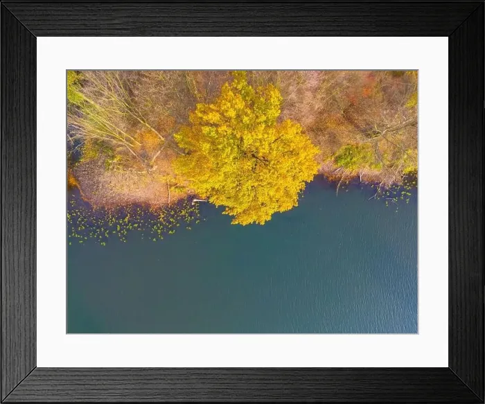 Framed Print : Aerial view of beautiful smooth green waters of a lake on a sunny autumn day