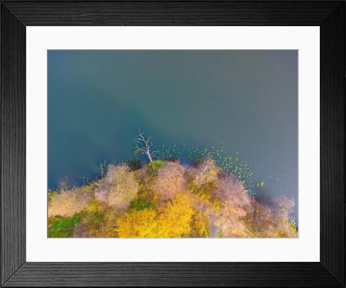Framed Print : Aerial view of beautiful smooth green waters of a lake on a sunny autumn day