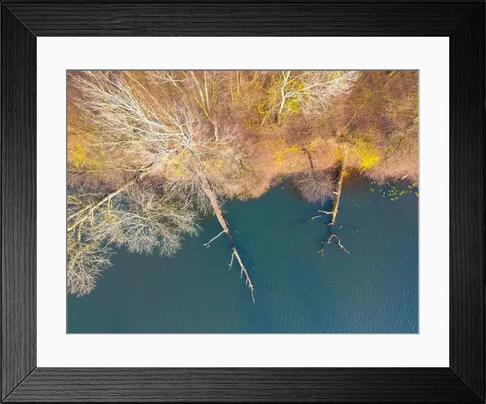 Framed Print : Aerial view of beautiful smooth green waters of a lake on a sunny autumn day Framed Print : Aerial view of beautiful smooth green waters of a lake on a sunny autumn day