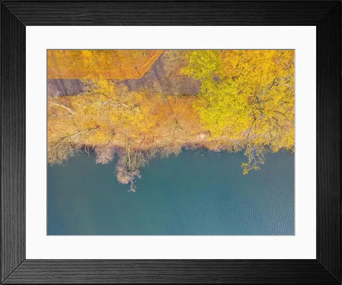 Framed Print : Aerial view of beautiful smooth green waters of a lake on a sunny autumn day Framed Print : Aerial view of beautiful smooth green waters of a lake on a sunny autumn day