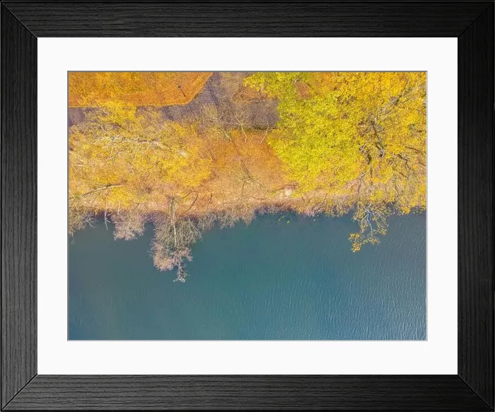 Framed Print : Aerial view of beautiful smooth green waters of a lake on a sunny autumn day Framed Print : Aerial view of beautiful smooth green waters of a lake on a sunny autumn day