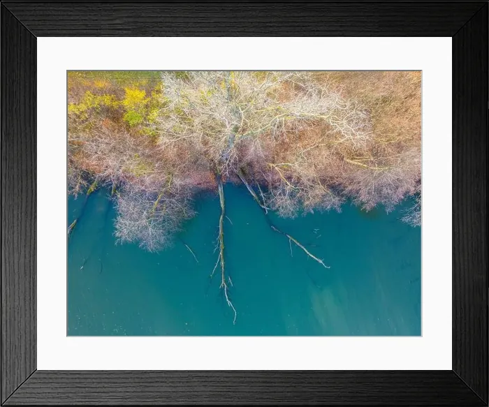 Framed Print : Aerial view of beautiful smooth green waters of a lake on a sunny autumn day Framed Print : Aerial view of beautiful smooth green waters of a lake on a sunny autumn day