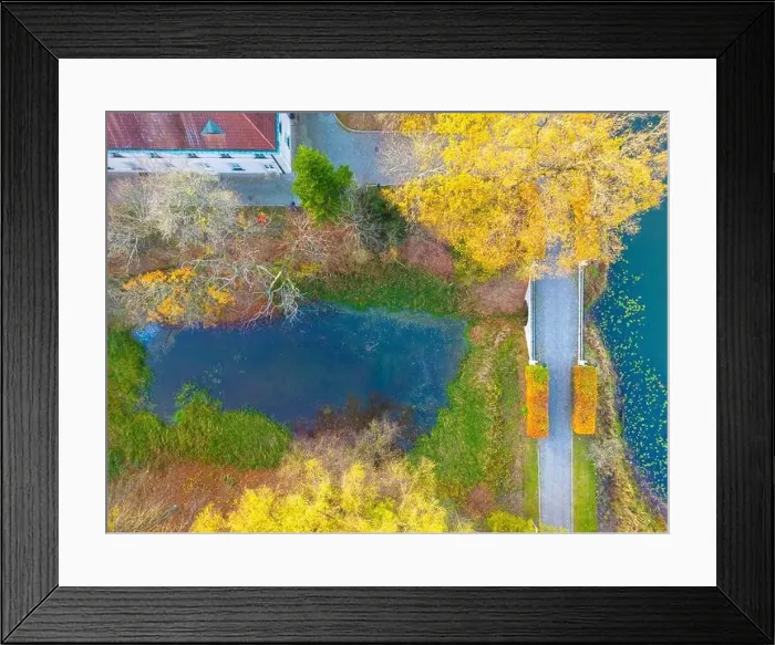 Framed Print : Beautiful travel or tourism style look down aerial of pedestrian foot bridge across River at park with colorful fall Framed Print : Beautiful travel or tourism style look down aerial of pedestrian foot bridge across River at park with colorful fall