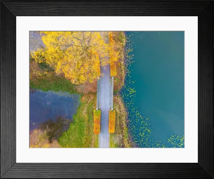 Framed Print : Beautiful travel or tourism style look down aerial of pedestrian foot bridge across River at park with colorful fall Framed Print : Beautiful travel or tourism style look down aerial of pedestrian foot bridge across River at park with colorful fall