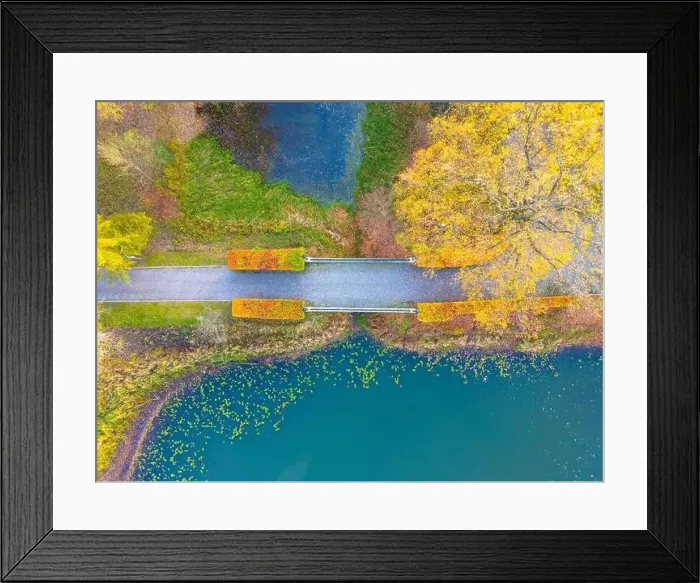 Framed Print : Beautiful travel or tourism style look down aerial of pedestrian foot bridge across River at park with colorful fall Framed Print : Beautiful travel or tourism style look down aerial of pedestrian foot bridge across River at park with colorful fall