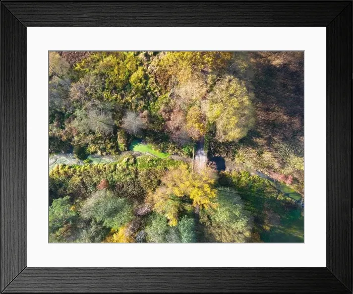 Framed Print : Aerial view of a rural road with in yellow and orange autumn forest Framed Print : Aerial view of a rural road with in yellow and orange autumn forest