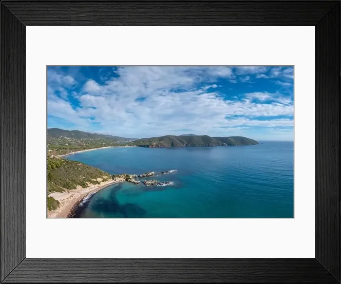 Framed Print : A drone view of Laconella and Lacona Beach on the island of Elba Framed Print : A drone view of Laconella and Lacona Beach on the island of Elba