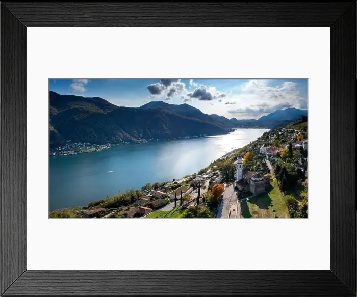 Framed Print : An aerial panorama view of Vico Morcote village and Lake Lugano in southern Switzerland