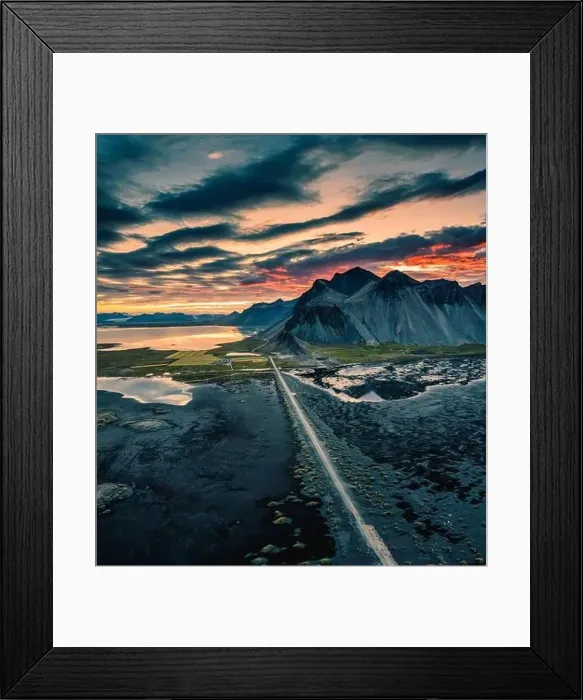Framed Print : Dramatic aerial view of sunset sky over Vestrahorn mountain Framed Print : Dramatic aerial view of sunset sky over Vestrahorn mountain