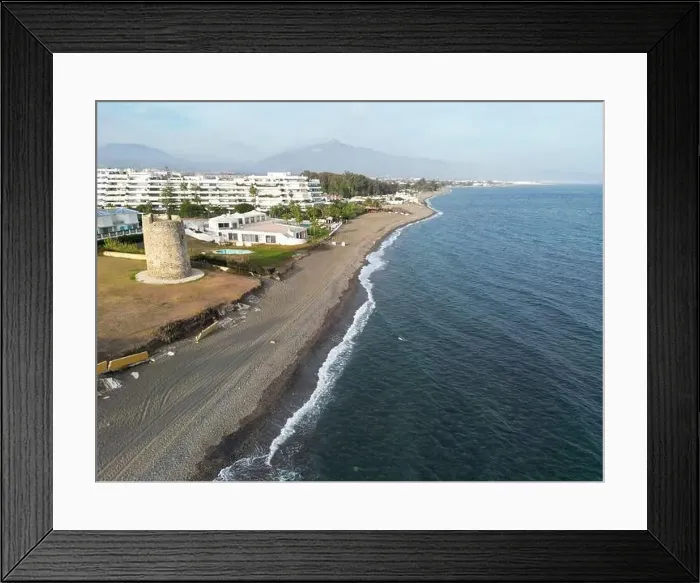 Framed Print : aerial view of the beach of linda vista next to the tower of las bóvedas in the municipality of Marbella, Andalusia Framed Print : aerial view of the beach of linda vista next to the tower of las bóvedas in the municipality of Marbella, Andalusia