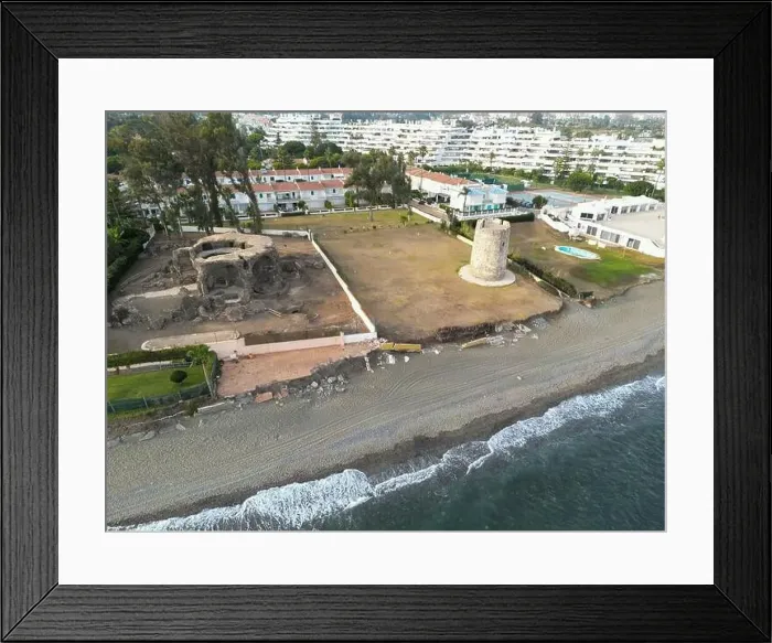 Framed Print : aerial view of the beach of linda vista next to the tower of las bóvedas in the municipality of Marbella, Andalusia Framed Print : aerial view of the beach of linda vista next to the tower of las bóvedas in the municipality of Marbella, Andalusia