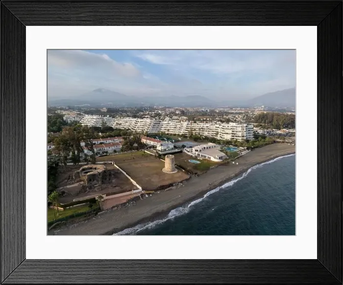 Framed Print : aerial view of the beach of linda vista next to the tower of las bóvedas in the municipality of Marbella, Andalusia Framed Print : aerial view of the beach of linda vista next to the tower of las bóvedas in the municipality of Marbella, Andalusia