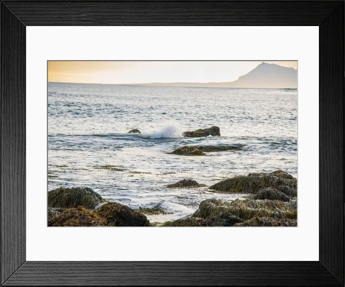 Framed Print : Beautiful Sunset in the Atlantic Ocean of Icealand with Waves Crashing the Rocks Framed Print : Beautiful Sunset in the Atlantic Ocean of Icealand with Waves Crashing the Rocks