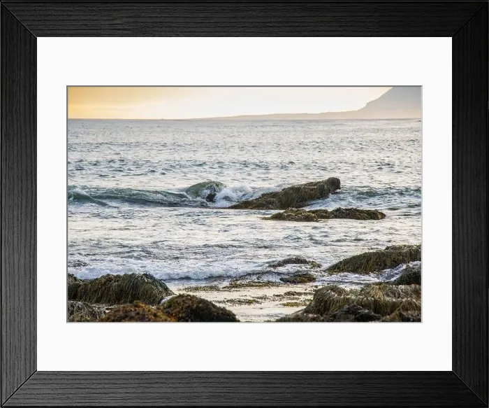 Framed Print : Beautiful Sunset in the Atlantic Ocean of Icealand with Waves Crashing the Rocks Framed Print : Beautiful Sunset in the Atlantic Ocean of Icealand with Waves Crashing the Rocks