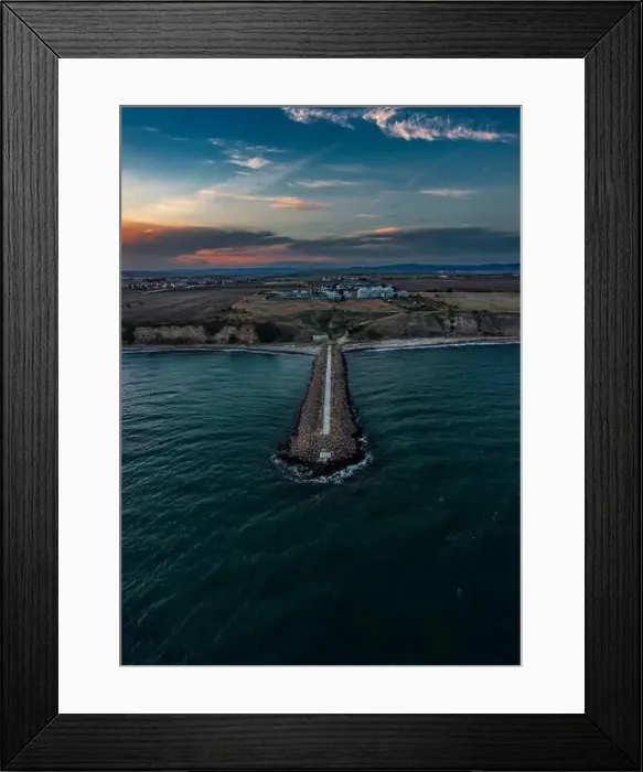 Framed Print : Aerial view of a stone breakwater near to Aheloy Bulgaria at sunset Framed Print : Aerial view of a stone breakwater near to Aheloy Bulgaria at sunset