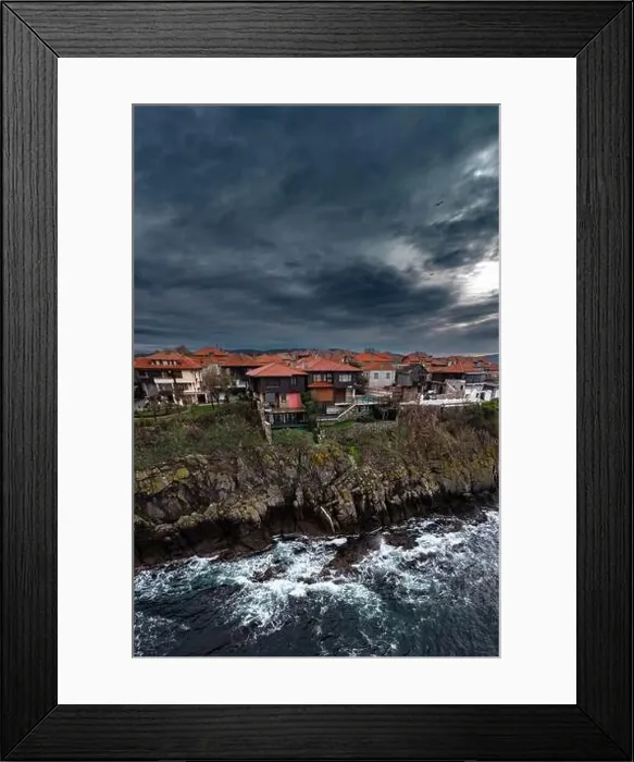 Framed Print : Aerial view to a houses on cliff near to the sea in Sozopol, Bulgaria Framed Print : Aerial view to a houses on cliff near to the sea in Sozopol, Bulgaria