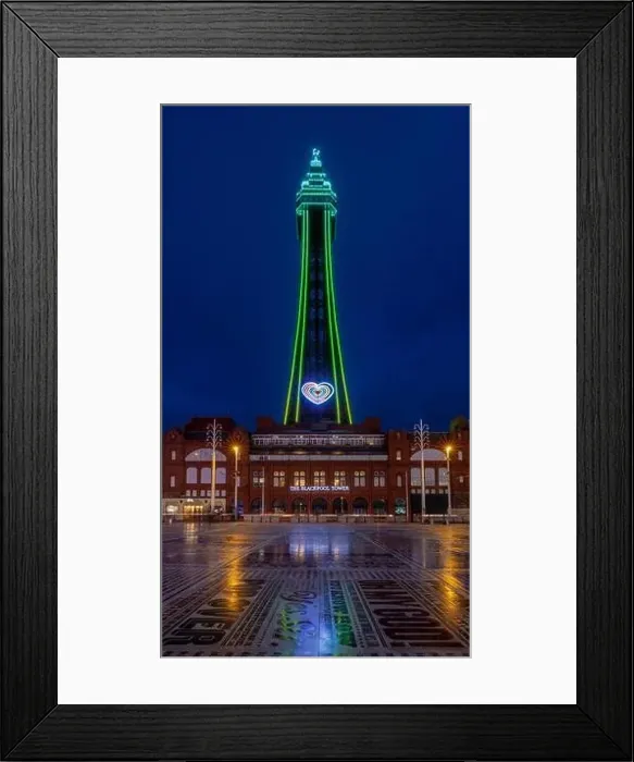 Framed Print : Blackpool Tower, sea front, beach and promenade at night with illuminations and neon lights Framed Print : Blackpool Tower, sea front, beach and promenade at night with illuminations and neon lights