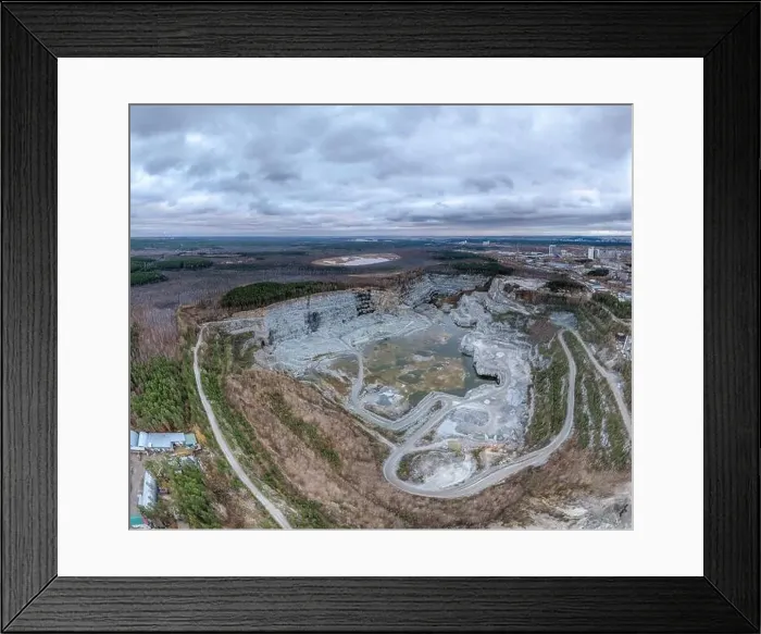 Framed Print : Stone quarry in the forest. Flying over the autumn mixed forest during sunset Framed Print : Stone quarry in the forest. Flying over the autumn mixed forest during sunset
