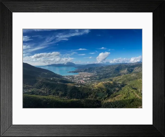 Framed Print : drone view of the coastal town of Sapri in the mountainous coastline of Campania Region in Italy