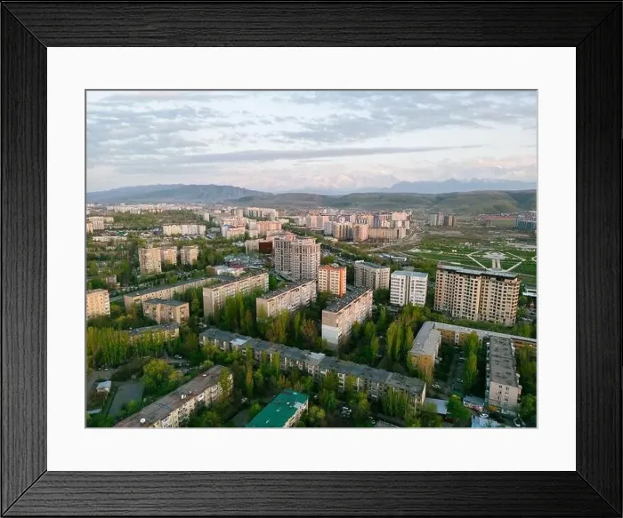Framed Print : Aerial view of Bishkek city Kyrgyzstan with snowy mountains in the background