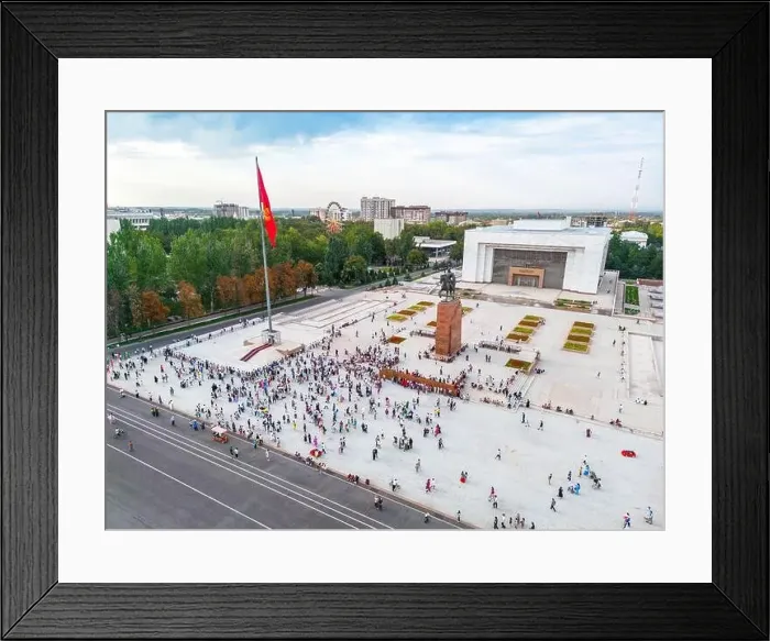 Framed Print : Bishkek, Kyrgyzstan - July 15, 2023: Aerial view of Bishkek city's Ala-Too central square with waving flag Framed Print : Bishkek, Kyrgyzstan - July 15, 2023: Aerial view of Bishkek city's Ala-Too central square with waving flag