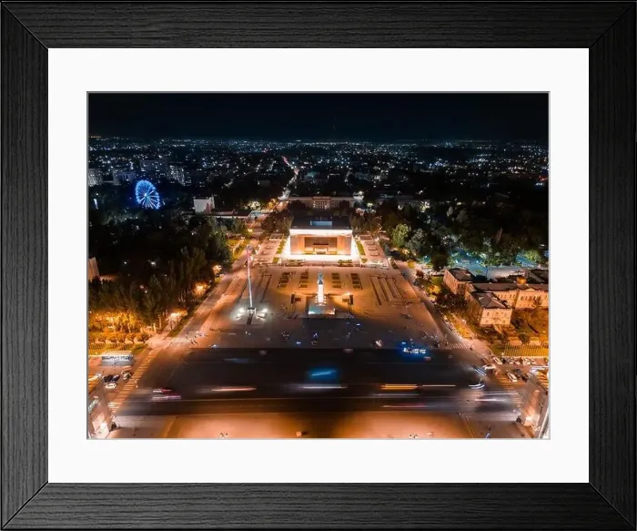 Framed Print : Bishkek, Kyrgyzstan - July 15, 2023: Aerial view of Bishkek city's Ala-Too central square at night Framed Print : Bishkek, Kyrgyzstan - July 15, 2023: Aerial view of Bishkek city's Ala-Too central square at night