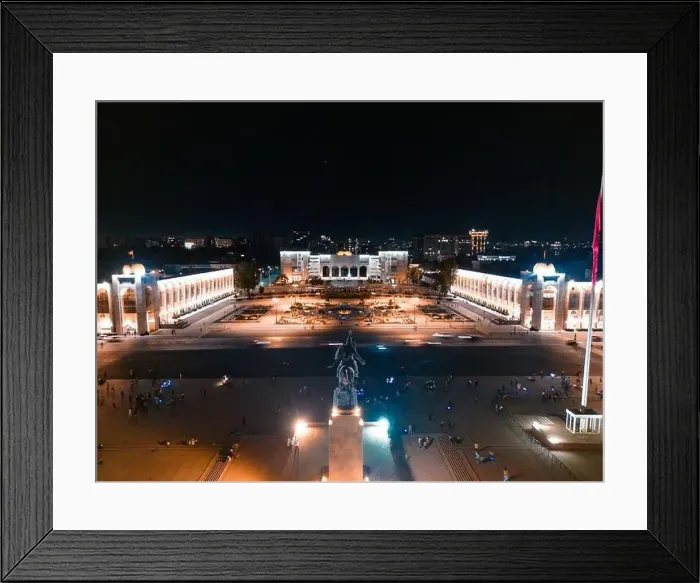 Framed Print : Bishkek, Kyrgyzstan - July 15, 2023: Aerial view of Bishkek city's Ala-Too central square at night Framed Print : Bishkek, Kyrgyzstan - July 15, 2023: Aerial view of Bishkek city's Ala-Too central square at night