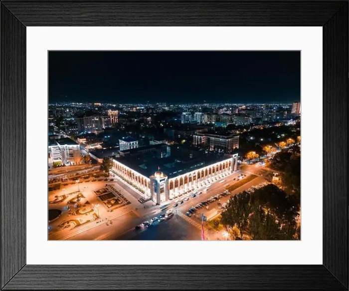 Framed Print : Bishkek, Kyrgyzstan - July 15, 2023: Aerial view of Bishkek city's Ala-Too central square at night Framed Print : Bishkek, Kyrgyzstan - July 15, 2023: Aerial view of Bishkek city's Ala-Too central square at night