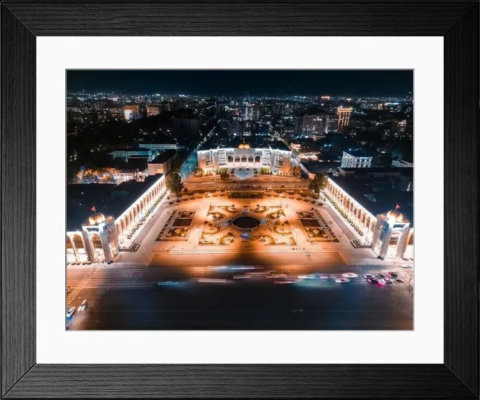 Framed Print : Bishkek, Kyrgyzstan - July 15, 2023: Aerial view of Bishkek city's Ala-Too central square at night Framed Print : Bishkek, Kyrgyzstan - July 15, 2023: Aerial view of Bishkek city's Ala-Too central square at night