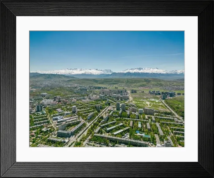 Framed Print : Aerial view of Bishkek city Kyrgyzstan with snow-capped mountains Framed Print : Aerial view of Bishkek city Kyrgyzstan with snow-capped mountains