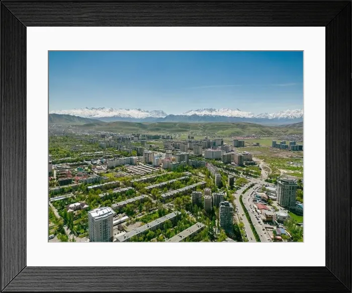 Framed Print : Aerial view of Bishkek city Kyrgyzstan with snow-capped mountains Framed Print : Aerial view of Bishkek city Kyrgyzstan with snow-capped mountains