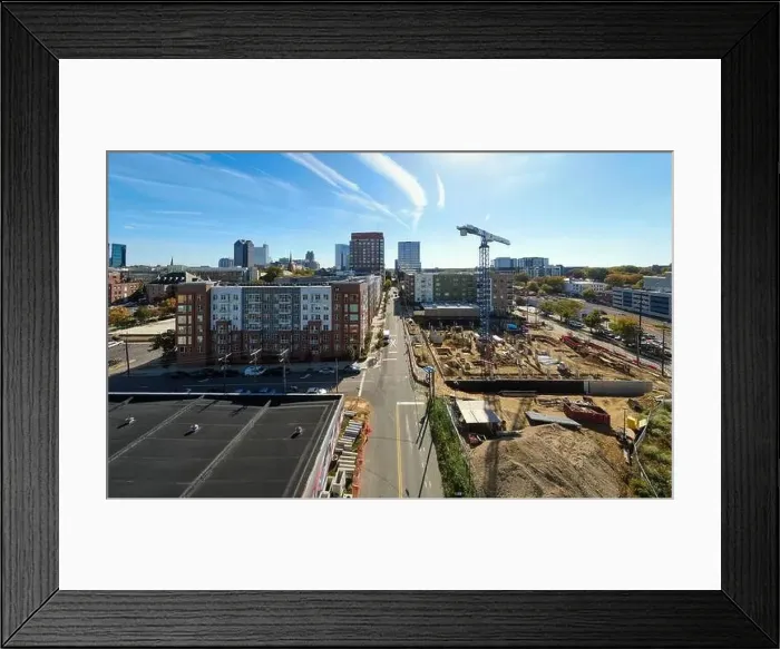 Framed Print : Drone images of downtown raleigh skyline and construction