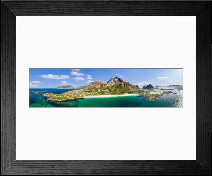 Framed Print : Drone panoramic view of Jusnesvika Bay and Rambergstranda beach in Flakstadoya Framed Print : Drone panoramic view of Jusnesvika Bay and Rambergstranda beach in Flakstadoya