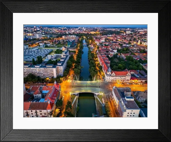 Framed Print : Aerial view of Bega River shore and Stephen the Great bridge at the blue hour Framed Print : Aerial view of Bega River shore and Stephen the Great bridge at the blue hour